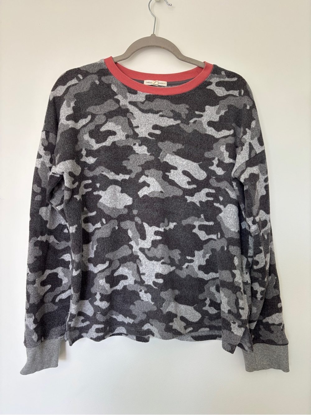 Threads 4 Thought Gray Camo Sweatshirt with Coral Neck Trim